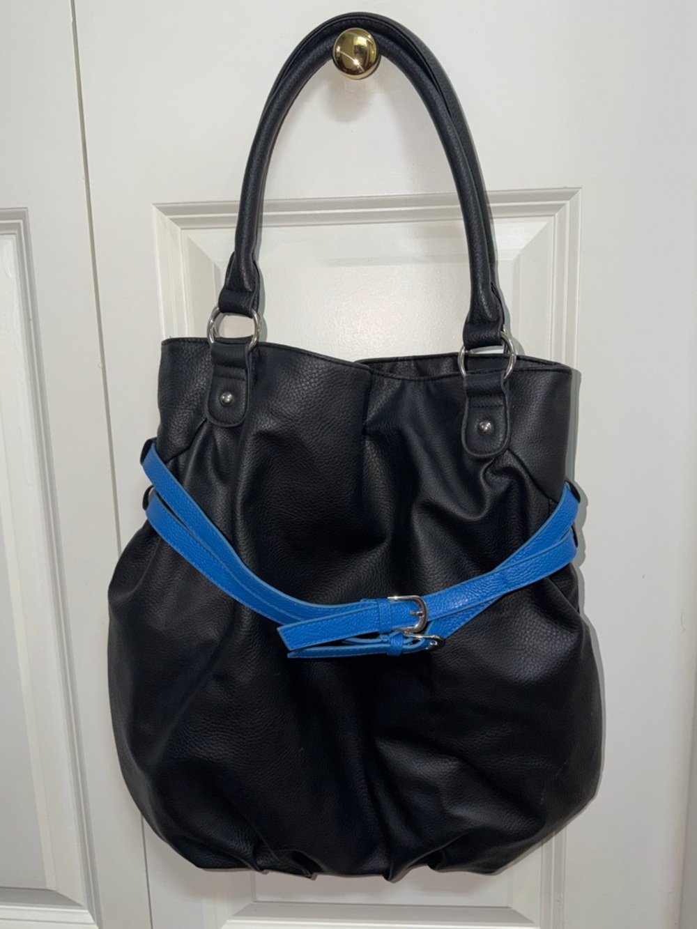 Black Faux Leather Women’s Tote Bag with Blue Accent Belt